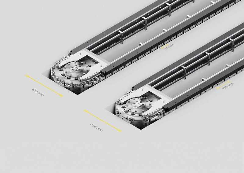 Regardless of the chain link length, the overall transfer system width is always 454.4 millimeters.